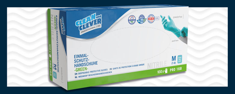 Verpackung des neuen Einmalschutzhandschuhs von CLEAN and CLEVER